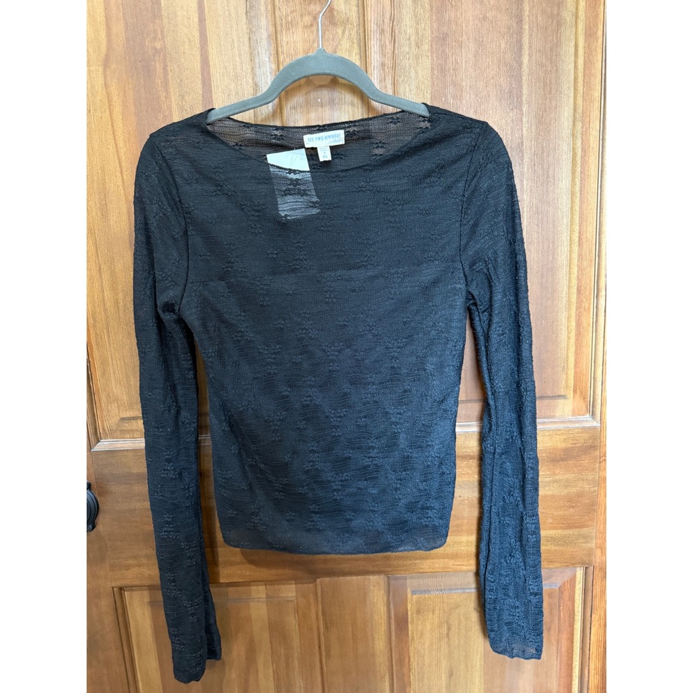 See You Monday Black Floral Lace Mesh Long Sleeve Lined Top XL NEW w/Tags